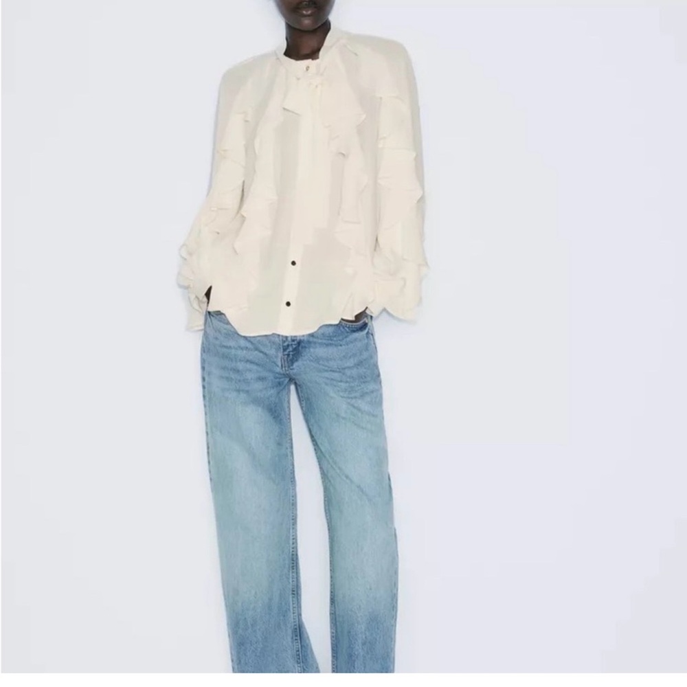 Zara Cream Ruffle Tie-Neck Blouse - Picture 2 of 4